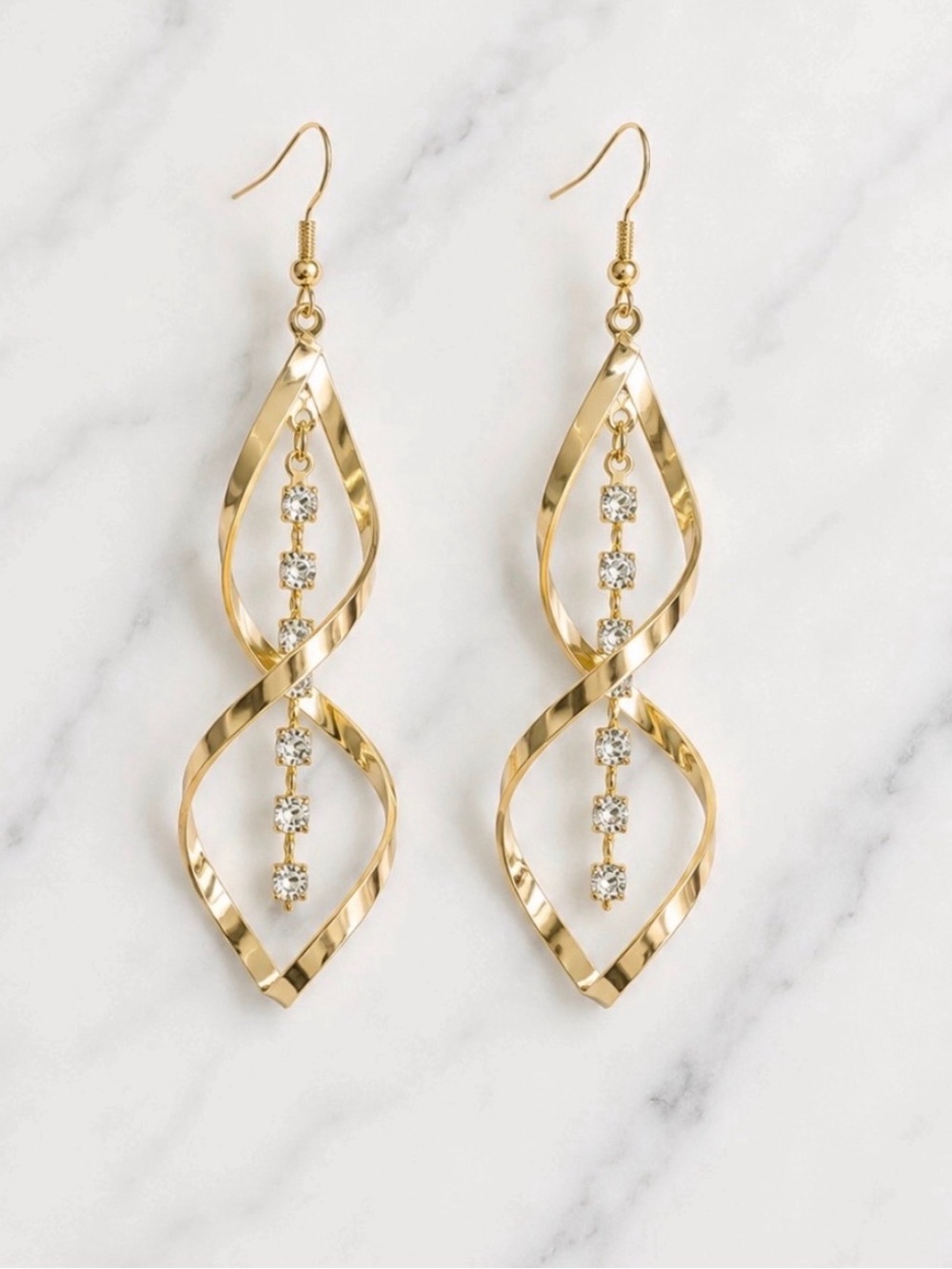 Gold-Tone Twist Drop Earrings with Clear Crystal Accents